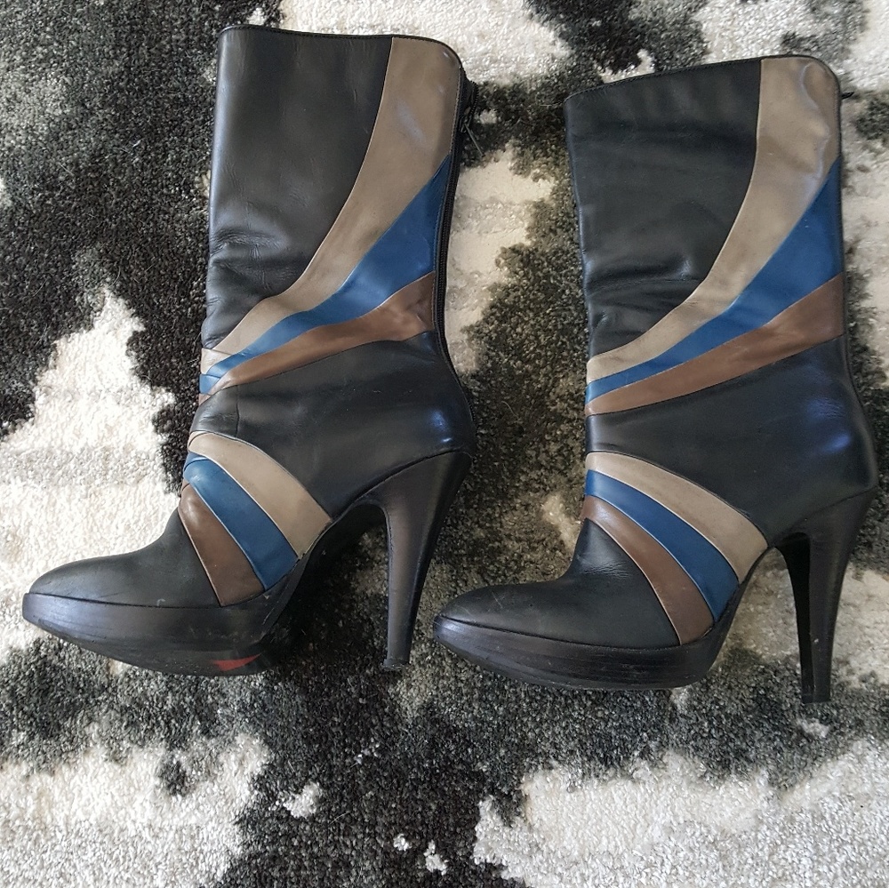 STEVEN by STEVE MADDEN| Womens leather blue and black midi boots|Size 7